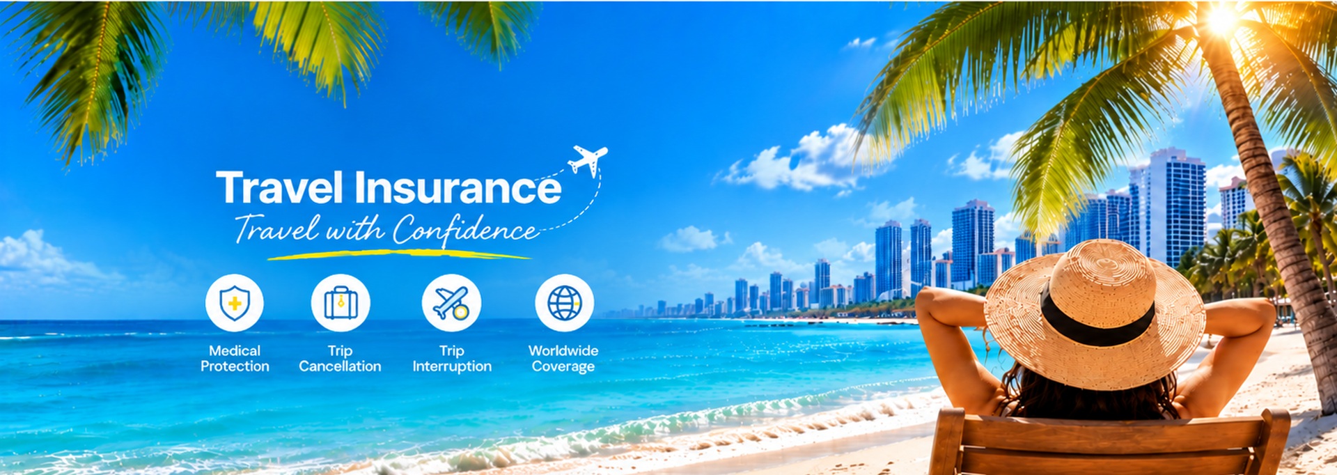Travel Insurance — Travel with Confidence. Medical protection, trip cancellation, trip interruption and worldwide coverage. Florida beach.